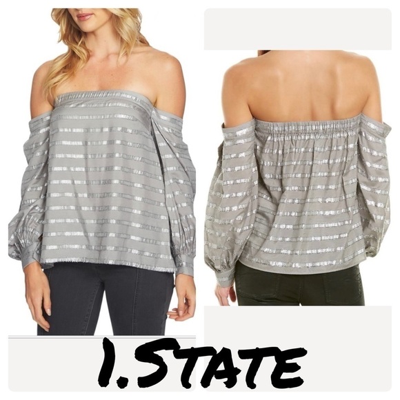 1.State Womens Sparkly Dressy Strapless Top silver metallic fringe off shoulder - Picture 1 of 13